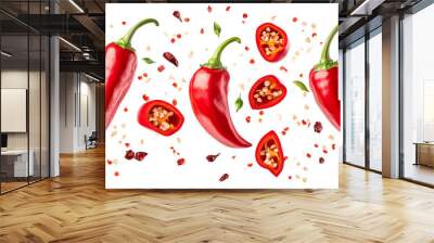 Fresh red chili peppers and sliced sections with seeds floating in mid-air. The file includes clipping paths. Wall mural