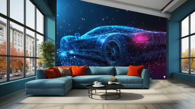 Imagine a sleek sports car outlined by a network of glowing points, lines, and shapes, resembling a wireframe model. The design is abstract, blending the contours of the car with celestial elements. Wall mural