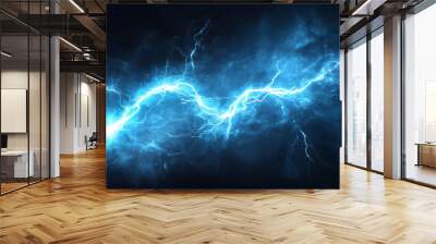 Light blue lightning bolt isolated on a transparent background. Realistic neon thunderstorm effect with a powerful energy charge, showcasing the strength and intensity of a lightning strike. Perfect f Wall mural