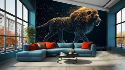 Lion. Digital polygonal illustration featuring isolated lines and dots. A wireframe 3D vector background representing the king of beasts with a technological touch. Wall mural