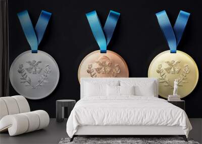 Olympic awards featuring gold, silver, and bronze sports medals with blue ribbons. Paris 2024 Olympic medal icon collection. Wall mural