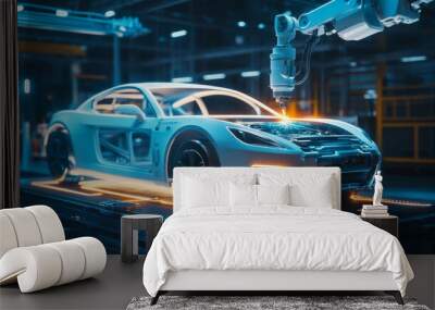 Robot welder in the automotive sector. White robots welding the car frame in an auto manufacturing plant. The robots sketch the concept car's outline using a laser beam or ray. Wall mural