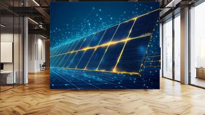 Solar cell depicted in a low-poly wireframe on a blue background. Represents clean, sustainable, and renewable energy. Vector illustration with a fantastic design. Wall mural