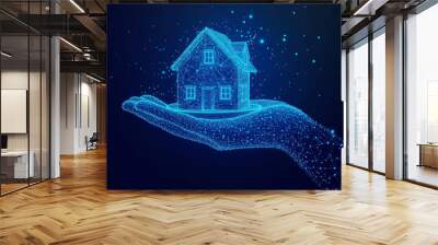 This artwork features a 3D hand holding a house icon on a plate, represented in an abstract vector style. The agent's arm and the home are depicted in dark blue, utilizing digital low poly wireframe. Wall mural