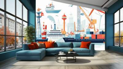 This illustration shows a collection of seaport elements, including cruise ships, tugboats, workers, cranes, containers, and a lighthouse. Wall mural