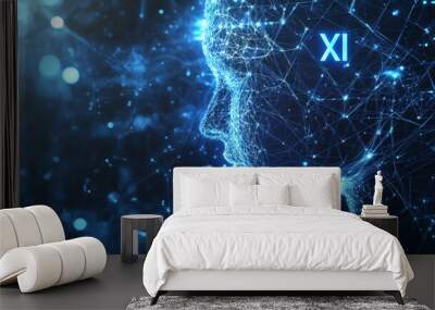 XI digital AI technology concept on a blue background. Showcases futuristic innovations with light effects, abstract tech elements, and big data integration. Vector illustration highlighting cutting Wall mural