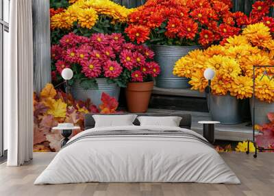 Pots of colorful fall mums  Wall mural