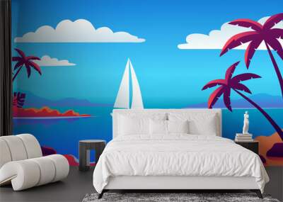 Blue color summer island beach vector illustration Wall mural