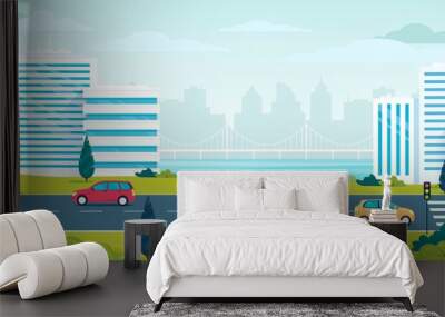 City transport highway cars and cityscape illustration Wall mural