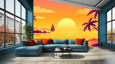 Colorful sunset on the tropical beach island vector illustration Wall mural