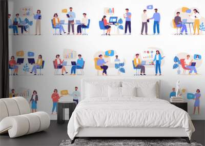 Different people characters work together in the office and remotely . Modern office workers set Wall mural