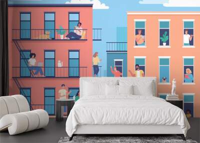 modern city buildings and happy neighborhood lifestyle people. urban street vector cartoon illustrat Wall mural