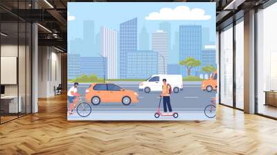 Modern city transport system and citizens using bicycles and scooters vector illustration. Colorful cityscape design Wall mural