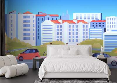 Modern cityscape with park zone and city transport Wall mural