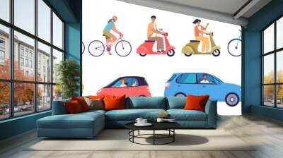 Modern people ride bicycles, scooters and drive cars. Colorful transport vector illustration Wall mural