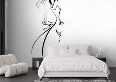 minimalist fashion illustration of an elegant woman dressed in a sumptuous winter coat, alpino hat a Wall mural