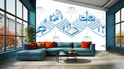 3d line isometric innovative creative idea infographic template. Startup, teamwork presentation layout. 5 option steps, process parts, growth concept. Business people team. Bulb, grow up, plan icon Wall mural