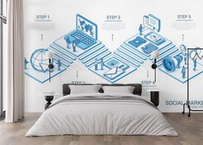 3d line isometric Social Media Network infographic template. News, content, communication presentation layout. 5 option steps, process parts, growth concept. Business people team. Digital market icon Wall mural