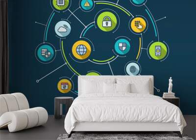 Abstract cyber security background. Digital connect system with integrated circles and flat icons. Network interact interface concept. Virus protection, technology vector infographic illustration Wall mural