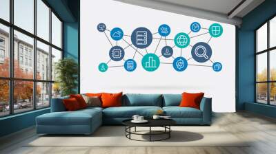 Bigdata integrated thin line web icons. Digital neural network interact concept. Connected graphic design polygons and circles system. Abstract background for big data center, research, analysis Wall mural