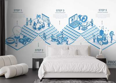 Business process isometric concept. Connected line 3d icons. Integrated 5 step infographic system. People teamwork office. Strategy management, partner meeting. Plan, goal, vision, market growth idea Wall mural