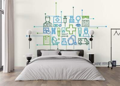 Healthcare integrated thin line symbols. Modern linear style vector concept, with connected flat design icons. Abstract illustration for medical, health, care, medicine, network and global concepts. Wall mural