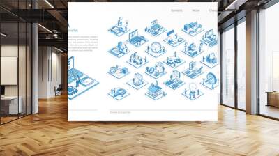 IT, Information, data technology business Isometric illustrations set. Busy people teamwork 3d scenes. Men, women work team. Vector Infographic, presentation design. Database, vr, program icon concept Wall mural