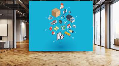 Logistic integrated 3d web icons. Digital network isometric interact concept. Connected graphic design dot and line system. Abstract background for shipping delivery and distribution. Vector Infograph Wall mural