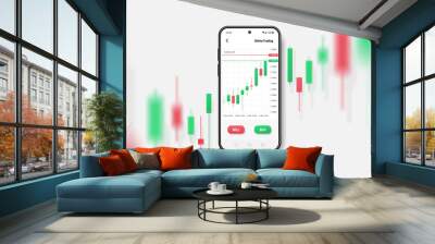 Realistic smartphone mockup. 3d candlestick chart of stock sale and buy. Market investment, online trade on mobile phone. Vector transparent shadow, blur effect. Business application interface design. Wall mural