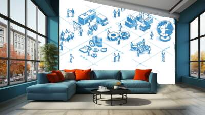 Supply chain, Global Logistics isometric seamless pattern. Transport delivery, warehouse, distribution line 3d icons, people characters, arrows. Business infograph. Vector background teamwork concept Wall mural