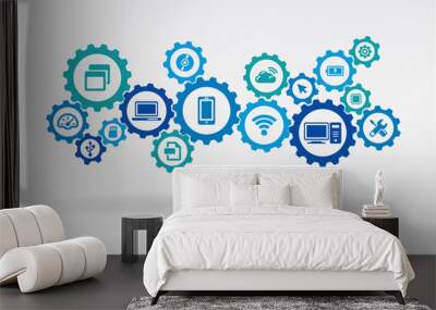 Technology mechanism concept. Abstract background with integrated gears and icons for digital, internet, network, connect, communicate, social media and global concepts. Vector infograph illustration Wall mural