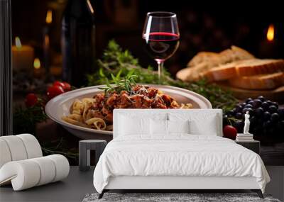 A rustic pasta dish served with a glass of red wine on an Italian restaurant table Wall mural