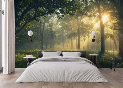 A serene forest glade at dawn, sunlight filtering through misty trees. Wall mural