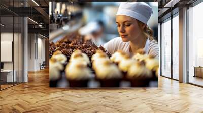 A woman in a white apron and hat is working on the production line of a cupcake factory Wall mural