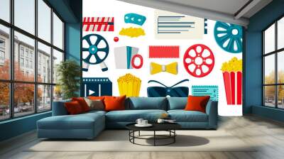 Flat illustration of cinema elements on a white background Wall mural