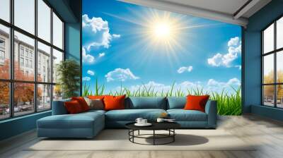 Illustration of green grass with a blue sky and sun Wall mural