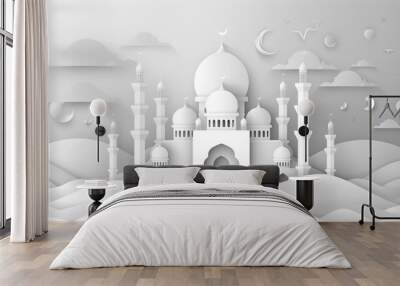 modern art decor concept 3d vector illustration with mosque and mosque, Wall mural