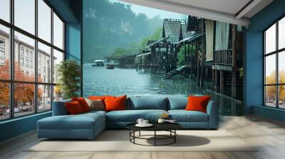 Rainy season in Thailand, heavy rain falling on the roof of wooden buildings at scenic lake landscape background Wall mural