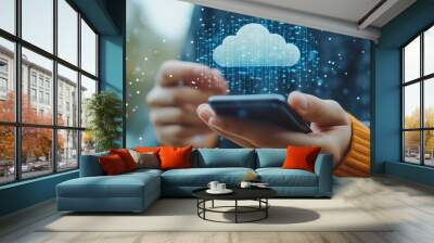 Man using smart phone showing cloud computing diagram in hand cloud technology data storage network and internet services concept Wall mural