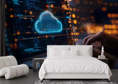 Man using computer showing cloud computing diagram in hand cloud technology data storage network and internet service concept Wall mural