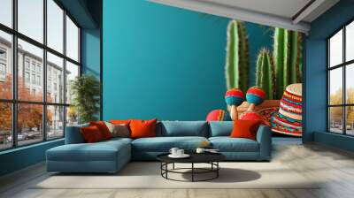 Mexican party concept with cactus, maracas and sombrero hat Wall mural