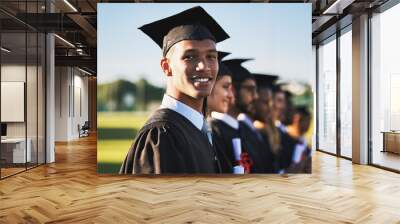 Celebration, graduation and portrait of university student outdoor on campus with friends for ceremony or event. Diversity, education and future with happy graduate man at college for success Wall mural