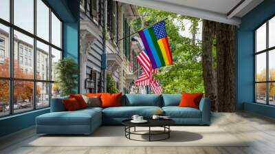 Old Town Alexandria, Virginia / USA - July 11 2020: American flag fused with LGBT pride flag displayed at home in the historic district. Wall mural