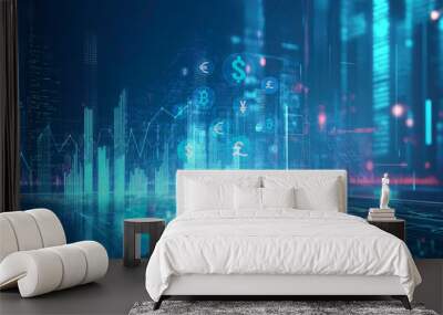 Digital Currency and Graph Data in a Futuristic City Wall mural