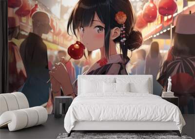 Girl buying and eating candy apples at a festival stall, Generative AI Wall mural