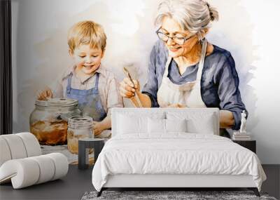 Kind grandma making pies with grandchildren, Generative AI Wall mural