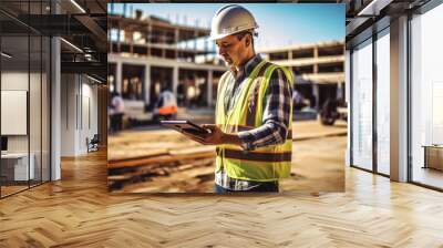 Site supervisor checking tablet at construction site, Generative AI Wall mural