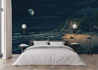 beach and sea minimalist illustration night and day Wall mural