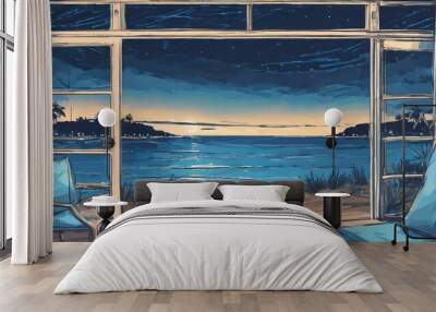 beach and sea minimalist illustration night and day Wall mural