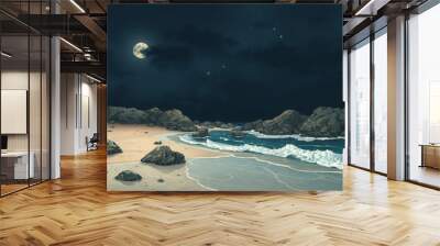 beach and sea minimalist illustration night and day Wall mural